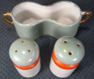 Japan Porcelain Art Deco Salt & Pepper Shakers & Caddy  