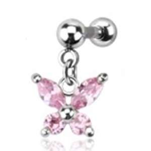 16g Cartilage Earring Piercing Stud with 5mm Pink Gem Butterfly Dangle 