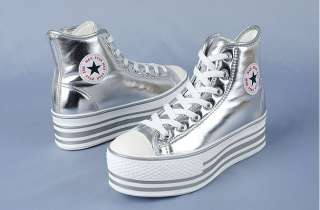   Canvas High Top Platform Sneakers Tennis Shoes Silver US 8  