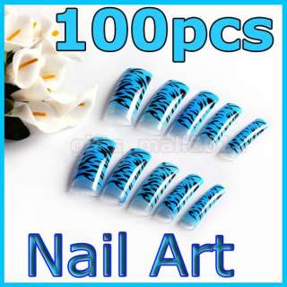 100pcs Blue Zebra Fashion Manicure Acrylic False Nail Art Tips 