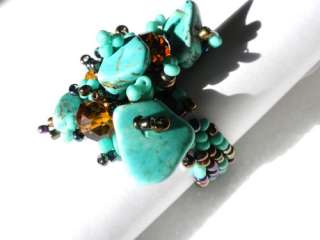 Glass Beaded Turquoise Ladies Stretch Ring 6,7, 8  