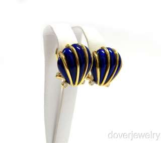 Tiffany & Co Schlumberger Diamond 18K Gold Blue Enamel Large Earrings 