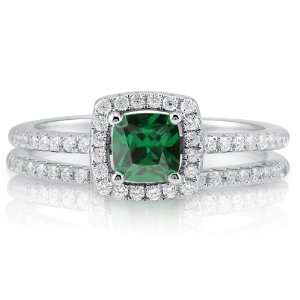 Cushion Emerald CZ Sterling Silver 2 Pc Halo Bridal Ring Set 0.46 ct 