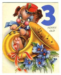 Vintage TUBA PLAYING PUPPY DOG Childs 3rd Birthday Card ~ SPC 1950s 