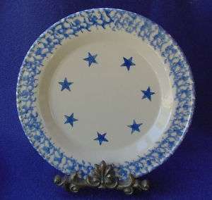 Henn Pottery Blue White Star Spongeware Dinner Plate  