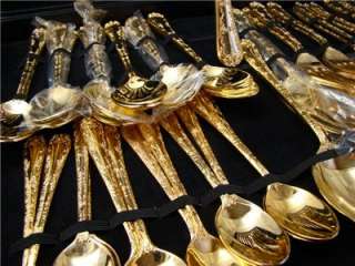 63 pc WILLIAM ROGERS & SONS GOLD PLATED ENCHANTED ROSE FLATWARE SET w 