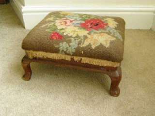 Antique Victorian ? Embroidered Mahogany Foot Stool Rest  