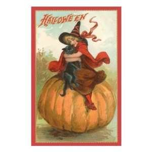  Halloween, Victorian Witch on Pumpkin Premium Poster Print 